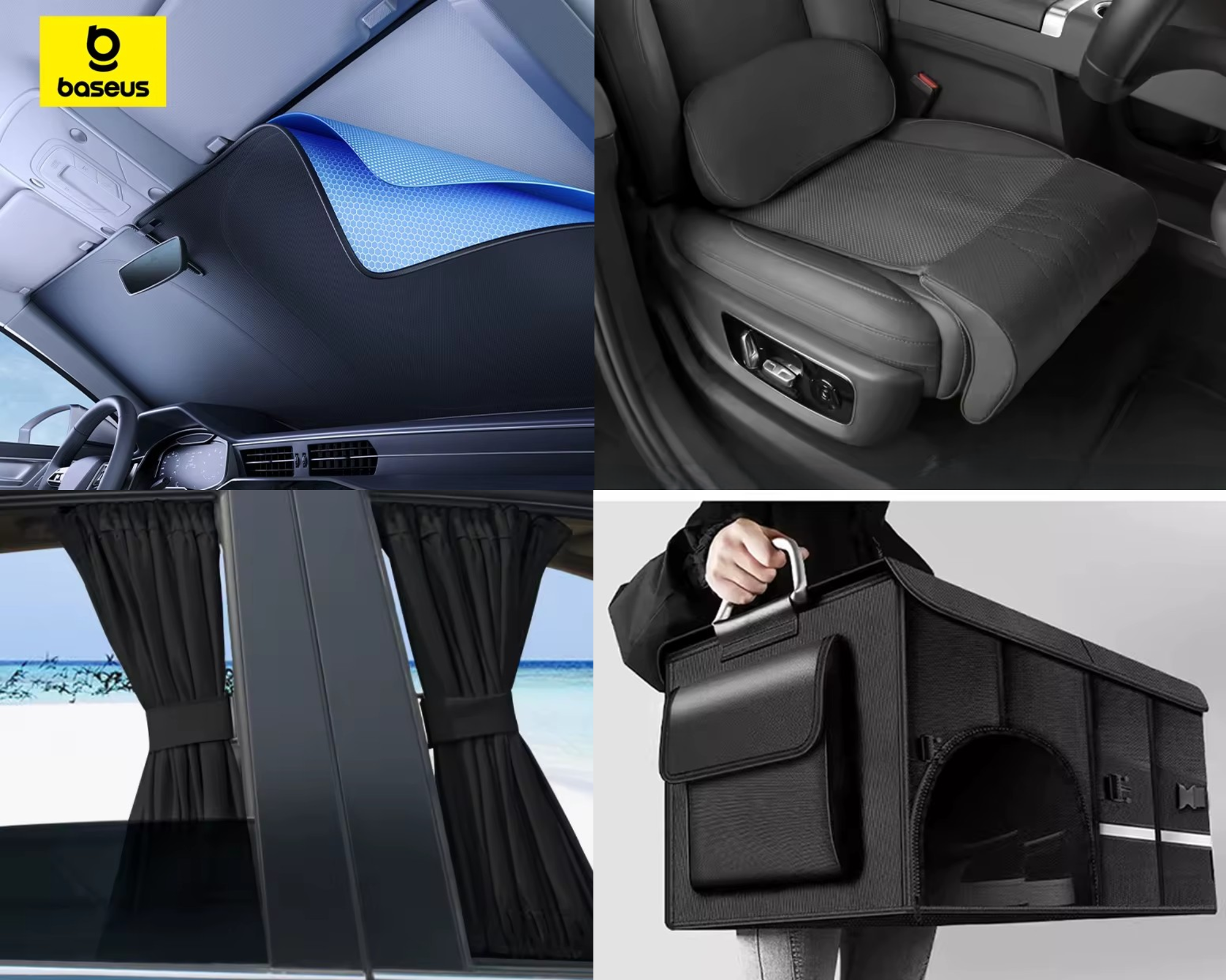 מגן שמש מתקפל לשמשת הרכב Baseus DT1, כרית תמיכה והארכת מושב הרכב, וילונות הצללה מתקפלים לחלונות הצד ותיק ארגונית מתקפל לתא המטען SEAMETAL